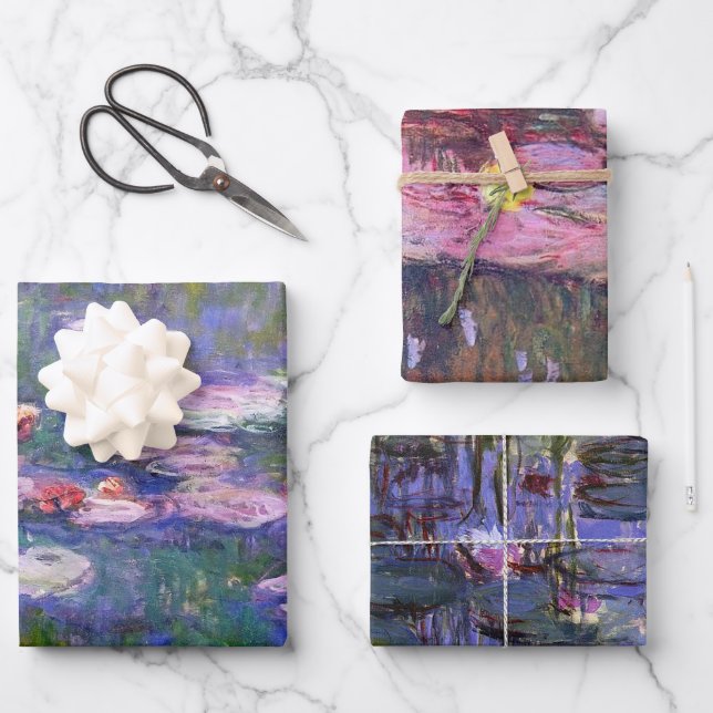 Claude Monet Purple & Pink Water Lilies Wrapping Paper Sheet (Front)