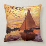 Claude Monet-Sailboat at Le Petit-Gennevilliers Throw Pillow<br><div class="desc">Fine art masterpiece by Claude Monet (1840 - 1926) featuring his famous landscape painting Sailboat at Le Petit-Gennevilliers based on tones of brown, purple and yellow.It makes a great pillow for fans of Impressionism.</div>