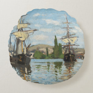 Claude Monet Ships Riding on the Seine at Rouen Round Pillow