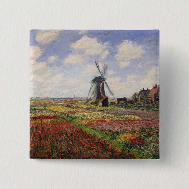 Claude Monet | Tulip Fields Rijnsburg Windmill 2 Inch Square Button (Front)