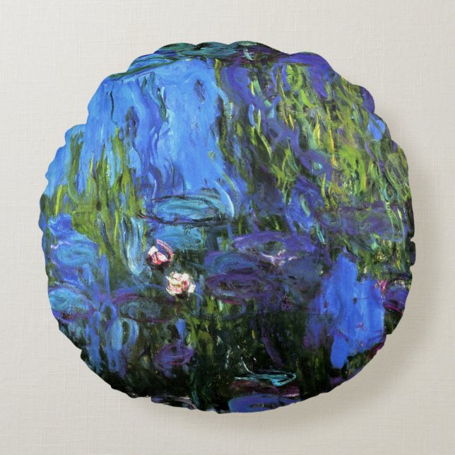 Claude Monet: Water-Lilies, blue indigo Round Pillow (Front)