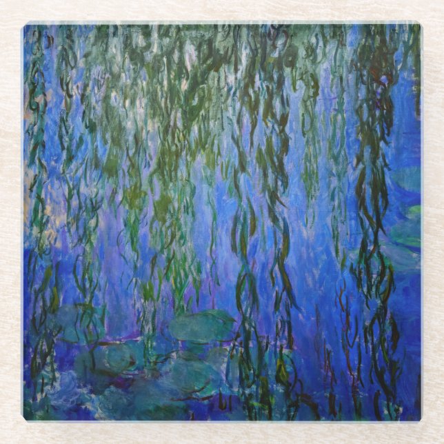 Claude Monet - Water Lilies with weeping willow Glass Coaster (Front)