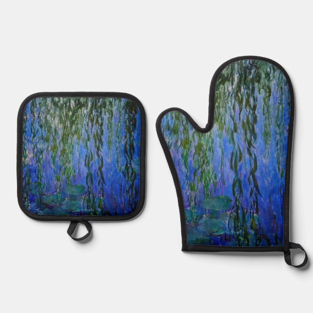 Claude Monet - Water Lilies with weeping willow Oven Mitt & Pot Holder Set (Front)