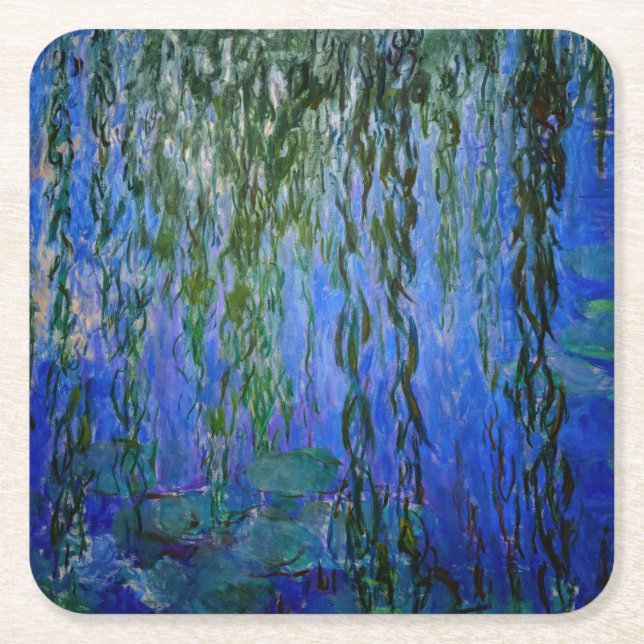 Claude Monet - Water Lilies with weeping willow Square Paper Coaster (Front)
