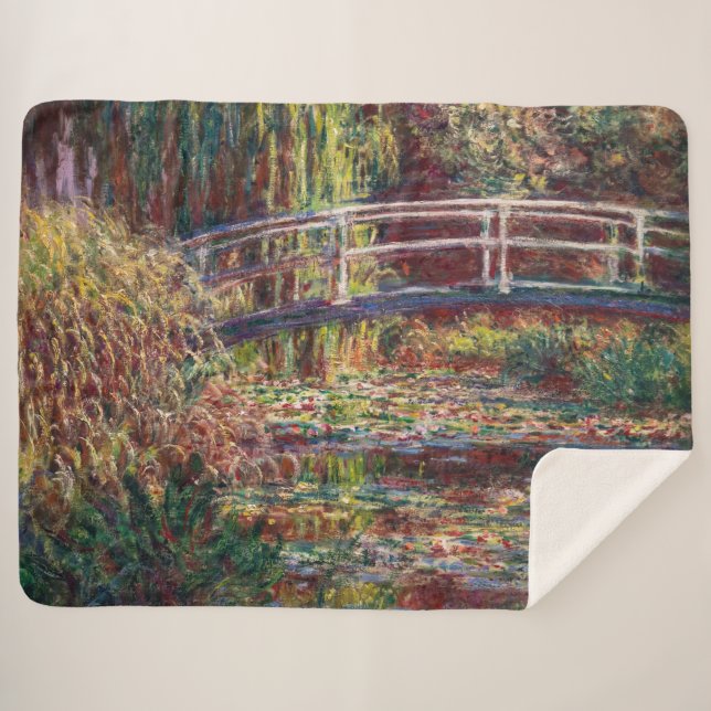 Claude Monet - Water Lily pond, Pink Harmony Sherpa Blanket (Front (Horizontal))