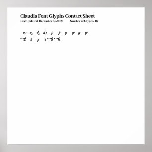 Claudia Font Glyphes Poster de la feuille de conta
