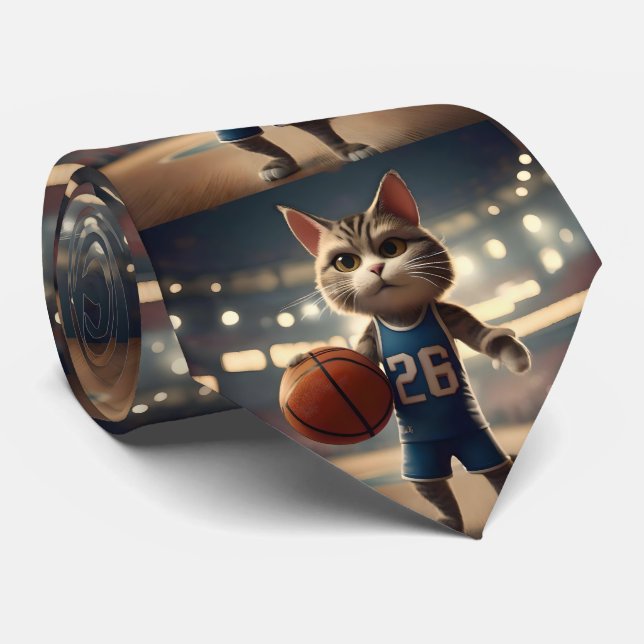 Claw-some Hoops: The Fearless Cat Basketballer Tie (Rolled)