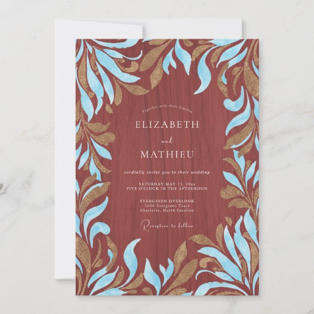 Clay Azure Leaf Wedding Invitation (Front)