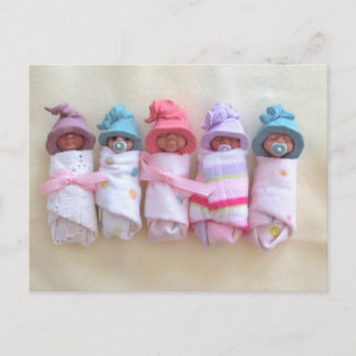 Clay Babies, Elf Hats, Sleeping, Swaddled, Cute Postcard