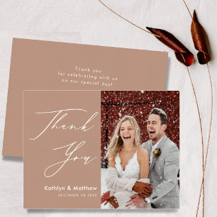 Clay Elegant Script Modern Photo Simple Wedding Thank You Card