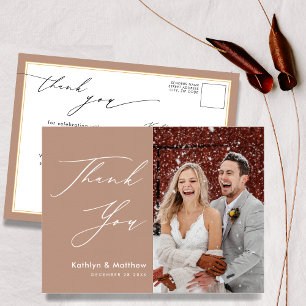 Clay Elegant Script Modern Photo Wedding Thank You Postcard