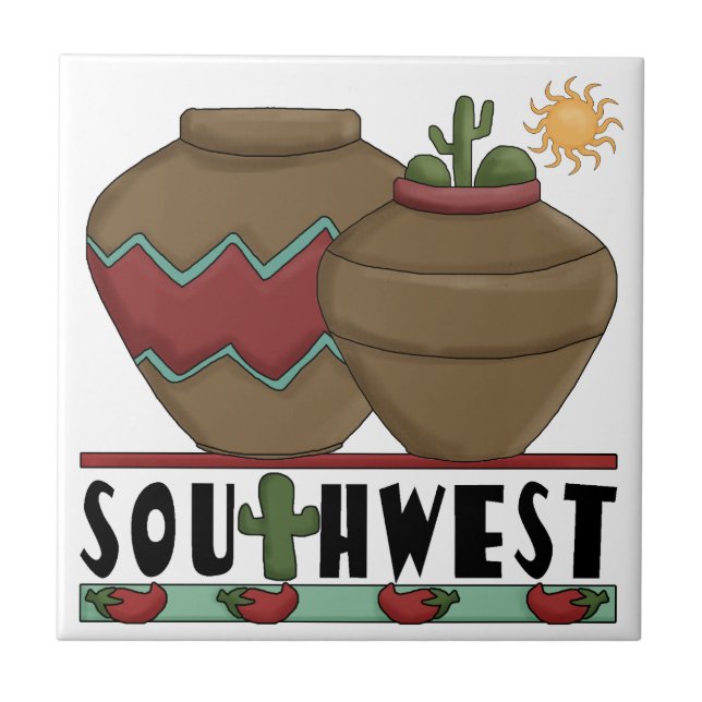 Clay Pottery, Cactus Plants, Chilis - Southwest Tile (Front)