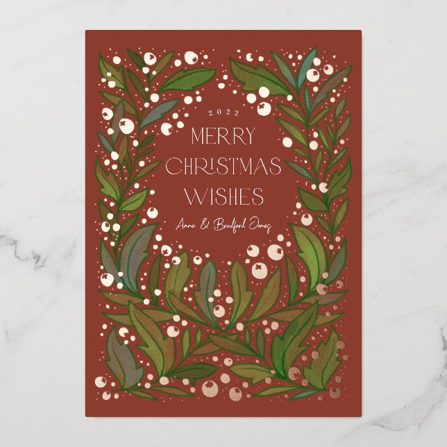 Clay Red Greenery Wreath Merry Christmas Foil Holiday Card (Front)