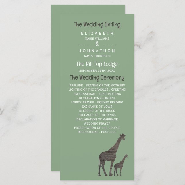 Clay Safari Giraffe, Rustic Wedding Program (Front/Back)