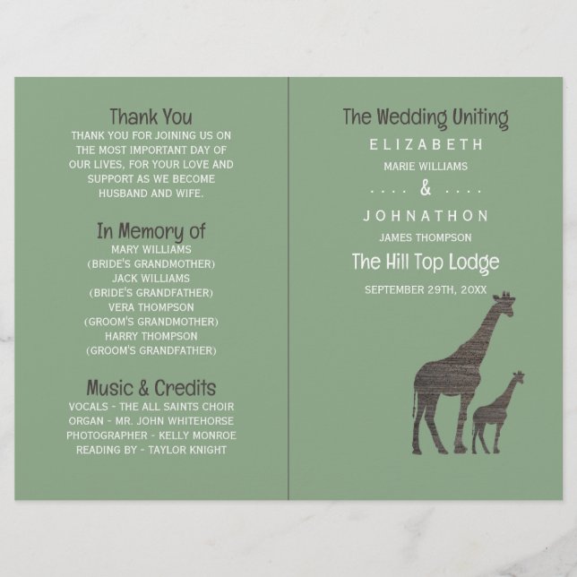 Clay Safari Giraffe, Rustic Wedding Program (Front)