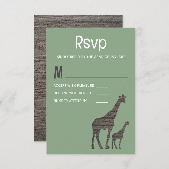 Clay Safari Giraffe, Rustic Wedding RSVP Card (Front/Back)