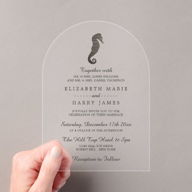 Clay Seahorse Beach Wedding Acrylic Invitations (Insitu (Handheld))