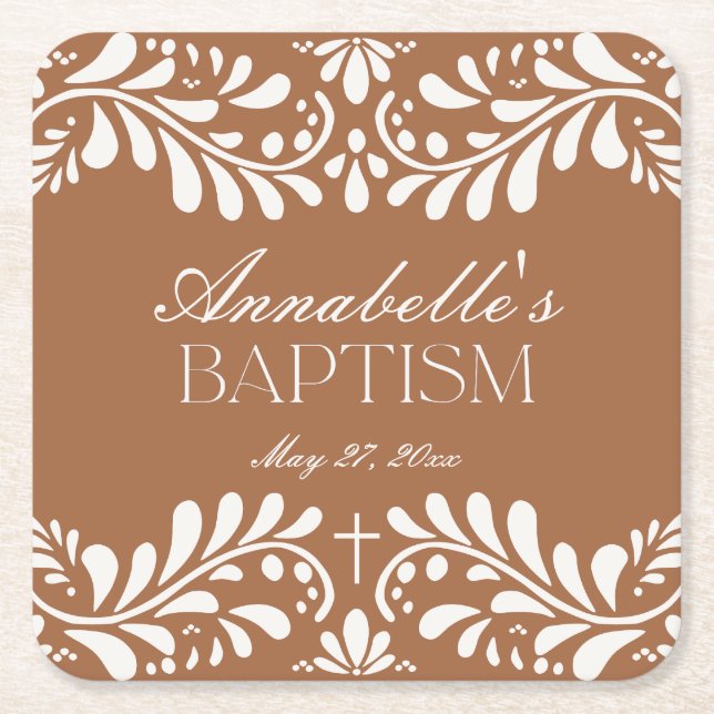 Clay Talavera Tile Spanish Fiesta Baptism Square Paper Coaster (Front)