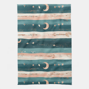 Clay & Teal Tribal Stars and Moon Stripe Kitchen Towel