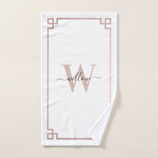 Clé grecque blanche et Rose rose or Monogramme (Serviette à main)