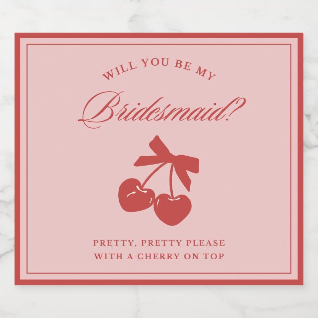 Clean Aesthetic Bow & Cherry Bridesmaid Proposal  Sparkling Wine Label (Single Label)