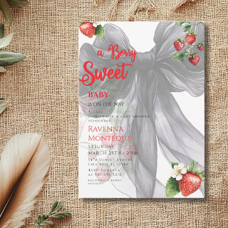 Clean Berry Sweet Black Bow Strawberry Baby Shower Invitation