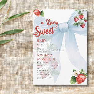 Clean Berry Sweet Blue Bow Strawberry Baby Shower Invitation