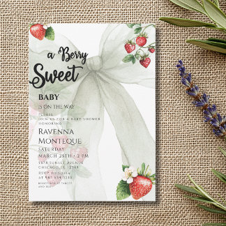 Clean Berry Sweet Sage Bow Strawberry Baby Shower Invitation