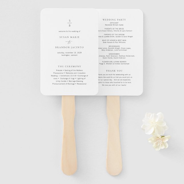 Clean Black and White Modern Wedding Program Hand Fan (Front and Back)
