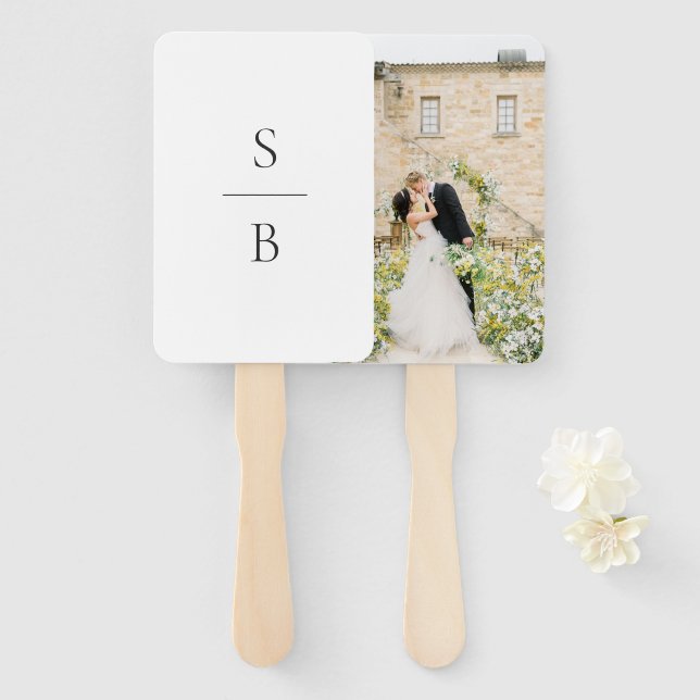 Clean Black and White Monogram Modern Wedding Hand Fan (Front and Back)