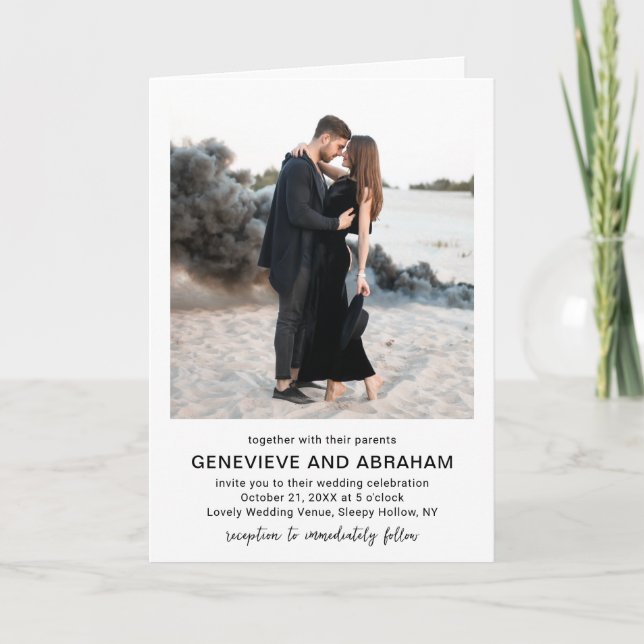 Clean Black and White Photo QR Code Modern Wedding Invitation (Front)