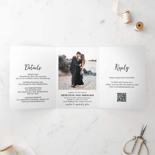 Clean Black and White Photo QR Code Modern Wedding Tri-Fold Invitation (Inside)