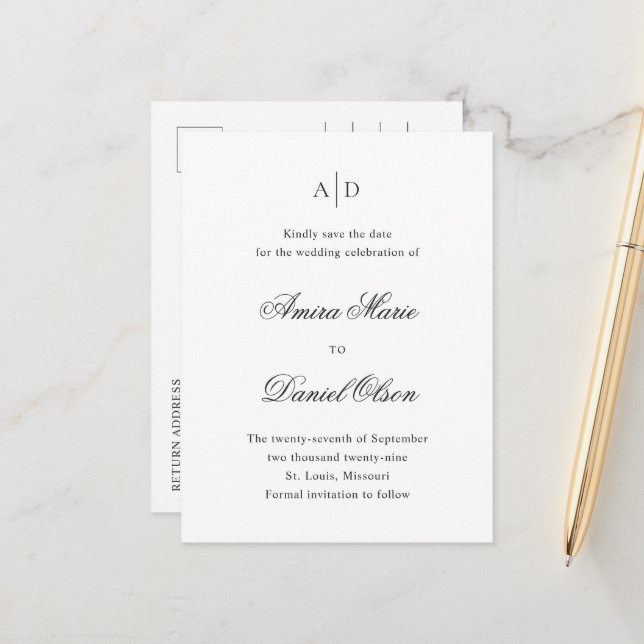 Clean Black and White Wedding Save the Date Announcement Postcard (Front/Back In Situ)