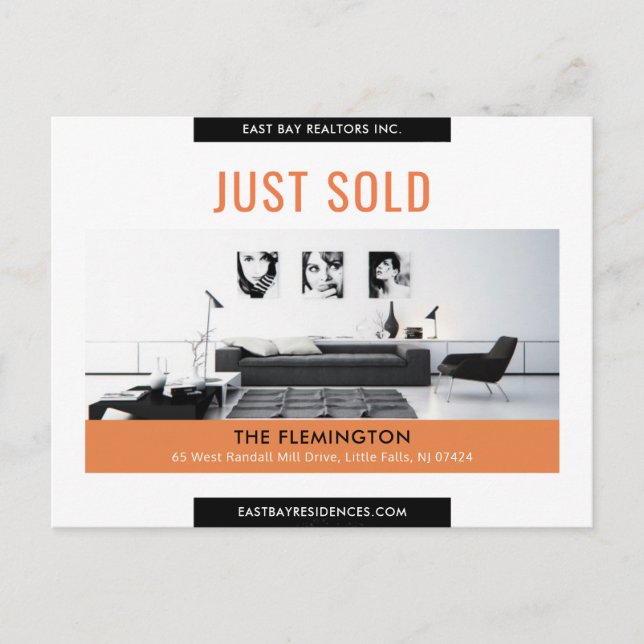 Clean black orange Just sold real estate advert Postcard (Front)