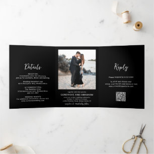 Clean Black Photo QR Code Modern Wedding Tri-Fold Invitation