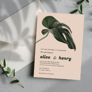 Clean Blush Pink & Green philodendron leaf Wedding Invitation