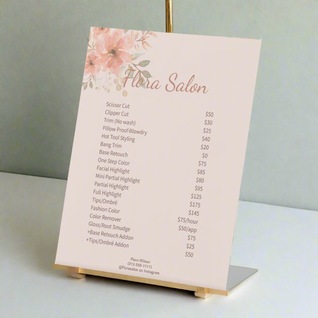 Clean Blush Pink Watercolor Flower Salon Service Pedestal Sign (Creator Uploaded)