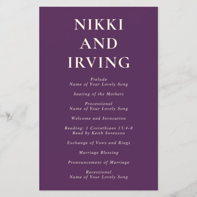 Clean Bold Fonts Purple Budget Wedding Program (Front)