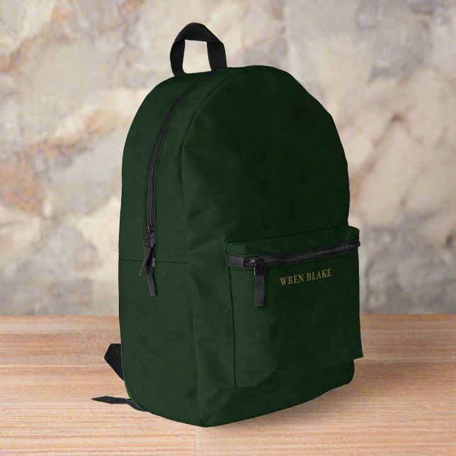 Clean Dark Green Leather & Gold Script Name Printed Backpack (Creator Uploaded)