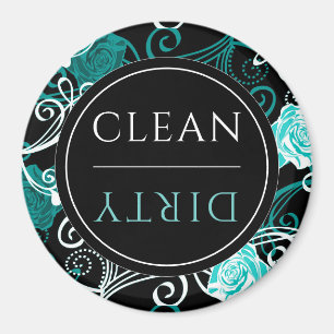 Clean/Dirty Dishwasher   Black White & Teal Round Magnet