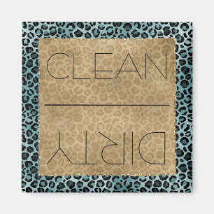 Clean/Dirty Dishwasher Gold Aqua Leopard Print Magnet