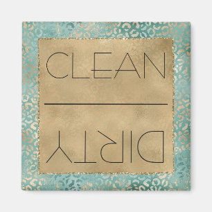 Clean/Dirty Dishwasher Gold Aqua Leopard Print Magnet