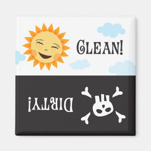 Clean dirty dishwasher magnet with sun and skull