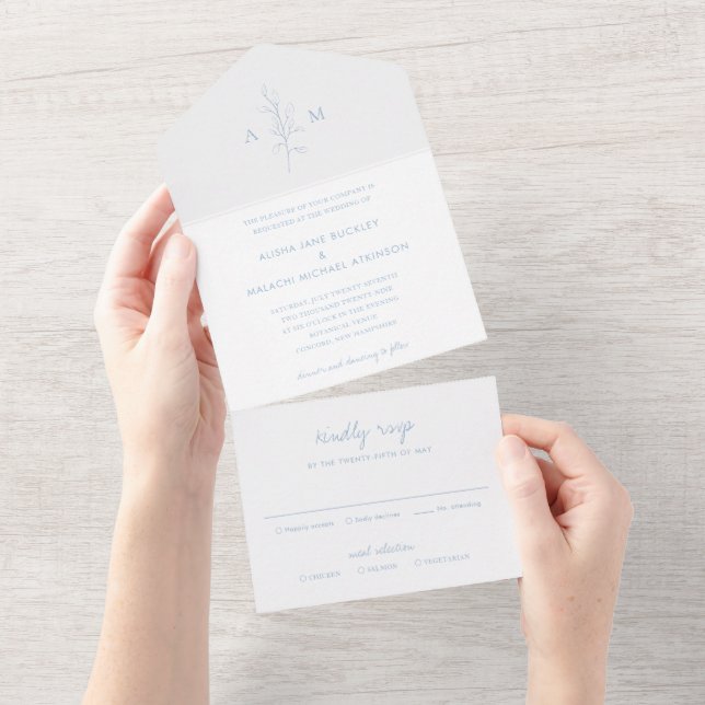 Clean Dusty Blue Botanical Elegant Wedding All In One Invitation (Tearaway)