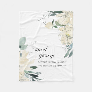 CLEAN  ELEGANT IVORY WHITE GREEN FLORAL WATECOLOR FLEECE BLANKET