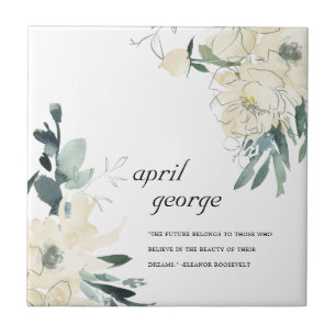 CLEAN ELEGANT IVORY WHITE GREEN FLORAL WATECOLOR TILE