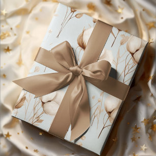 Clean Elegant Light Blue & Cream Cotton Flowers Wrapping Paper Sheet