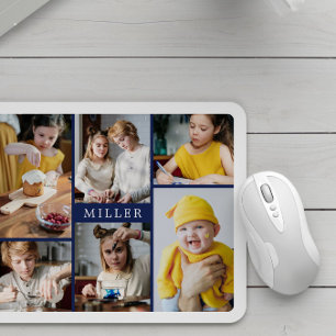 Clean Elegant Navy Blue Family 6 Photo Collage Mouse Pad