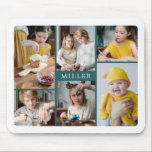 Clean Elegant Teal Family 6 Photo Collage Mouse Pad<br><div class="desc">Photo mouse pad with a photo collage of six photos surrounding your family name in a clean,  minimalist design in white and dark teal.</div>