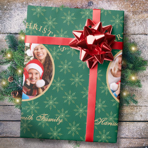 Clean Forest Green Gold Snowflakes Christmas Wrapping Paper